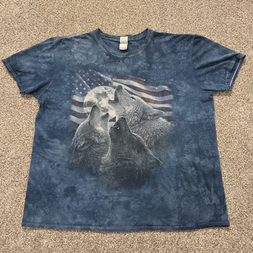 Gildan Softstyle Shirt Mens XL Blue American Flag Wolf Moon Graphic Tee T-Shirt